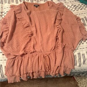 Express Pink Ruffled Smocked Blouse Short Sleeve